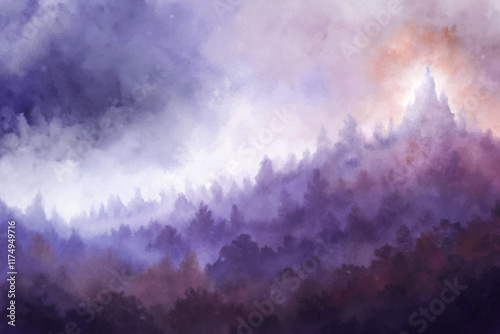 Soft watercolor landscape, misty forest silhouette, purple and orange hues, serene nature scene, atmospheric background.