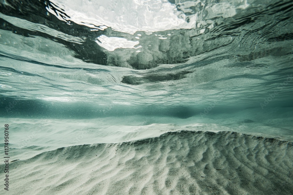 Fototapeta premium Underwater scene: rippled sand, clear water, light above.