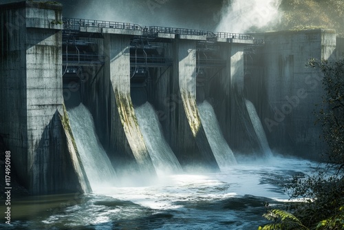 Water flows powerfully from a hydroelectric dam surrounded by lush vegetation in the morning light photo