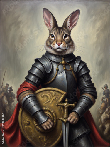 A majestic rabbit dressed in knightly armor, wielding a shield and sword, set against a background of medieval soldiers.