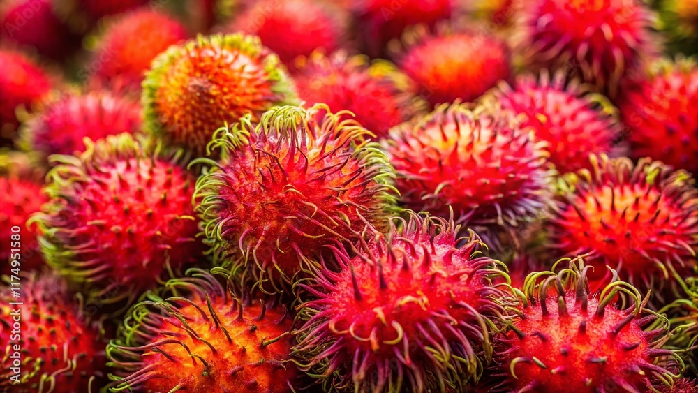 Evenly Arranged Rambutans: Vibrant Tropical Fruit Background for Food, Texture, and Summer Designs Evenly Arranged Rambutans: Vibrant Tropical Fruit Background for Food, Texture, and Summer Designs