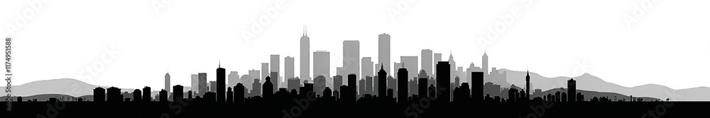 Silhouette of a modern city skyline against a stark white background, showcasing a blend of skyscrapers and mountain outlines. Silhouette of a modern city skyline against a stark white background, showcasing a blend of skyscrapers and mountain outlines.