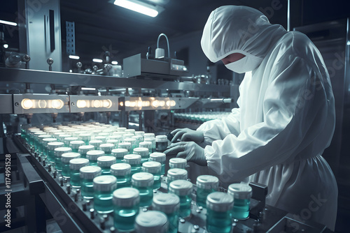 Image of an employee in a suit working on a production conveyor machine in a chemical industry in a clean environment.