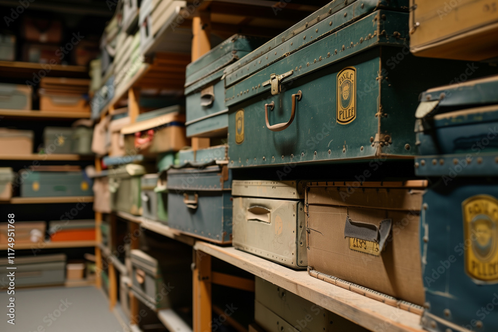View of law enforcement evidence storage room archive with shelves and boxes, indoor storage details in a manufacturing enterprise View of law enforcement evidence storage room archive with shelves and boxes, indoor storage details in a manufacturing enterprise