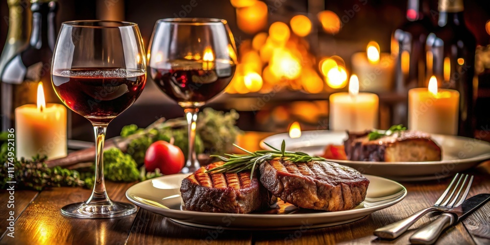 Intimate dinner for two with grilled steaks and wine , fine dining, candlelight Intimate dinner for two with grilled steaks and wine , fine dining, candlelight