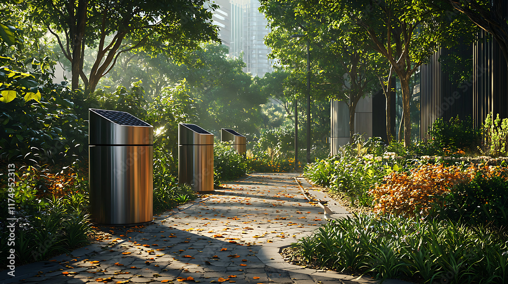 Futuristic composting bins in lush garden setting with vibrant flowers and greenery Futuristic composting bins in lush garden setting with vibrant flowers and greenery