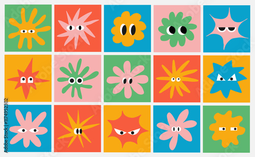 Set of abstract playful basic shape with eye. Square with abstract organic face in flat style. Colorful elements