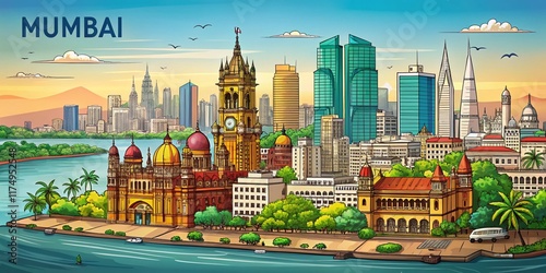 Mumbai Skyline Panoramic Aerial View - Bombay Cityscape Vector Art Illustration