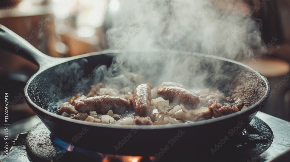 A close-up of sausages cooking in a cast iron skillet, surrounded by sauted onions and peppers, with steam rising from the hot pan. A close-up of sausages cooking in a cast iron skillet, surrounded by sauted onions and peppers, with steam rising from the hot pan.