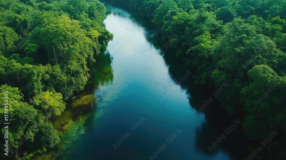 Aerial view of a pristine river flowing through a lush green rainforest. Aerial view of a pristine river flowing through a lush green rainforest.