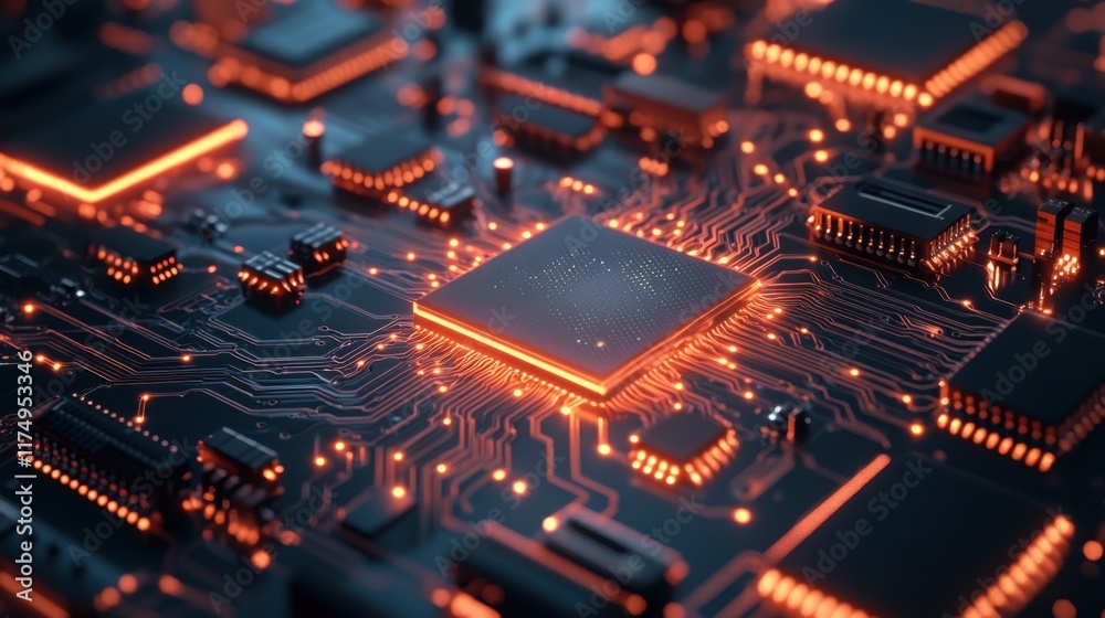 3D close-up of a digital chip glowing on a circuit board, with animated connections and space for a brand logo or message. 3D close-up of a digital chip glowing on a circuit board, with animated connections and space for a brand logo or message.