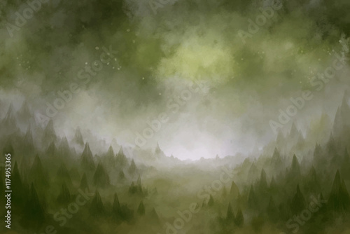 Misty green landscape, soft watercolor style, serene nature scene, atmospheric forest background, tranquil wilderness view.