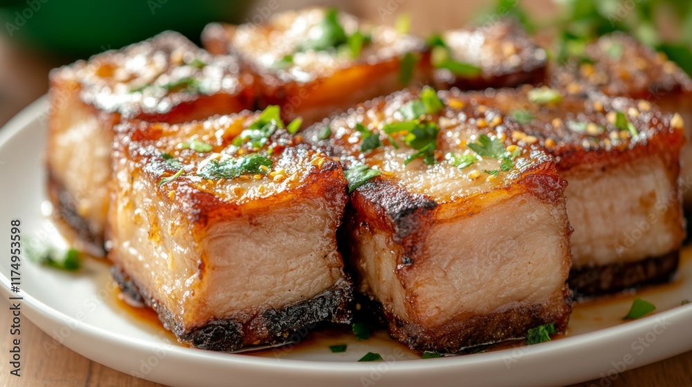 A close-up of sizzling fried pork belly pieces with a glistening layer of fish sauce, placed on a white plate with a light garnish of herbs and a soft, blurred background A close-up of sizzling fried pork belly pieces with a glistening layer of fish sauce, placed on a white plate with a light garnish of herbs and a soft, blurred background