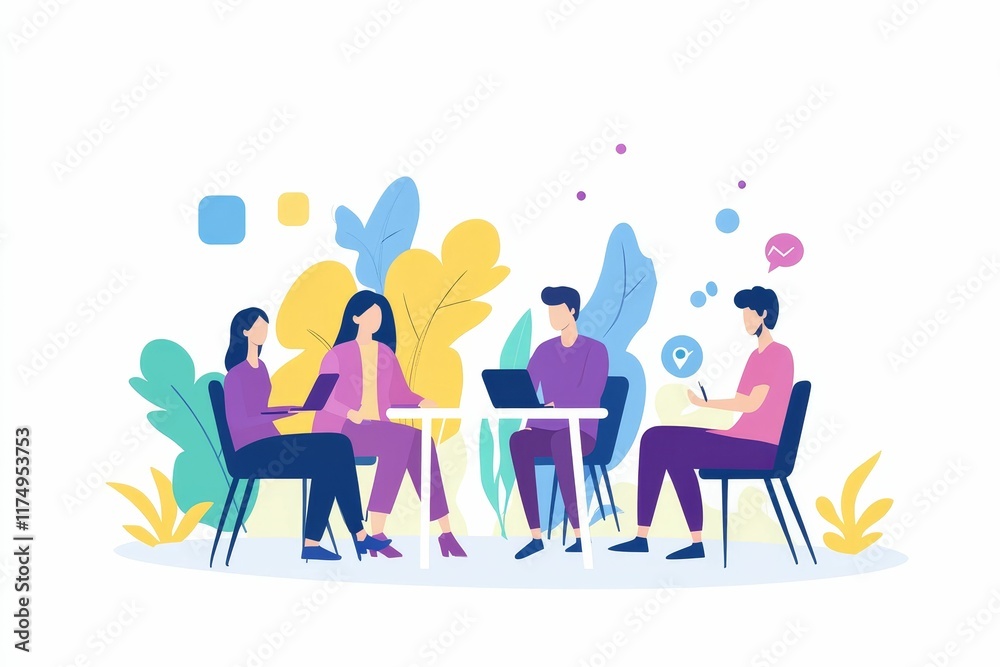 Team collaborates, laptops, table, modern office. Team collaborates, laptops, table, modern office.