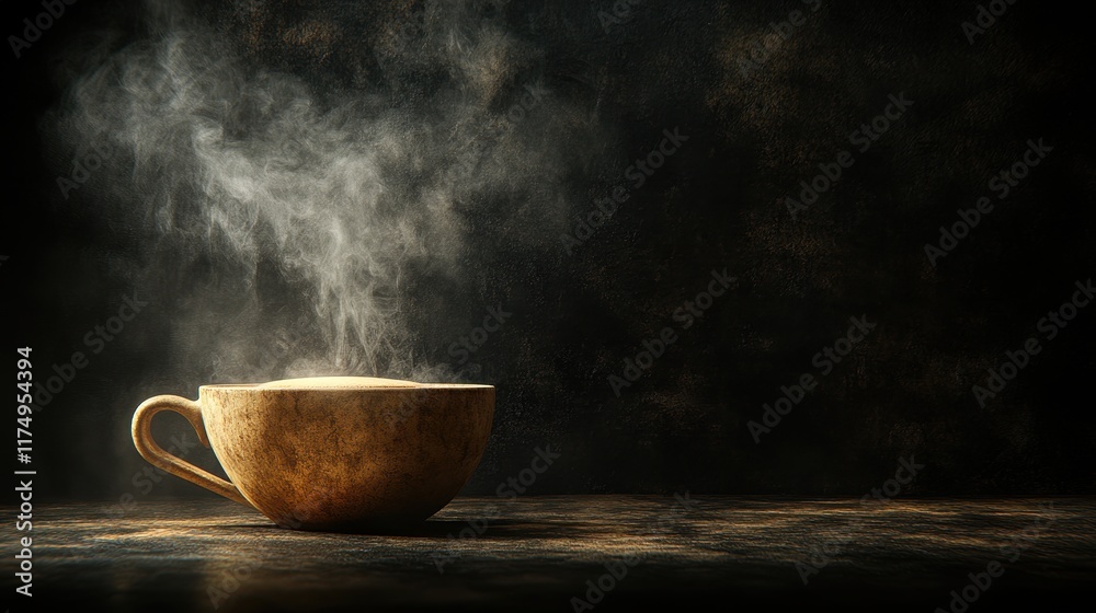 A steaming cup of coffee sits on a dark, textured surface. This image evokes warmth and comfort. Ideal for coffee shop ads or cozy autumn promotions. A steaming cup of coffee sits on a dark, textured surface. This image evokes warmth and comfort. Ideal for coffee shop ads or cozy autumn promotions.
