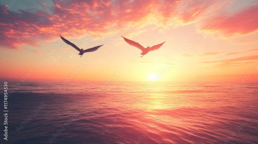 Fototapeta premium Two Birds Soaring Above Sunset Ocean