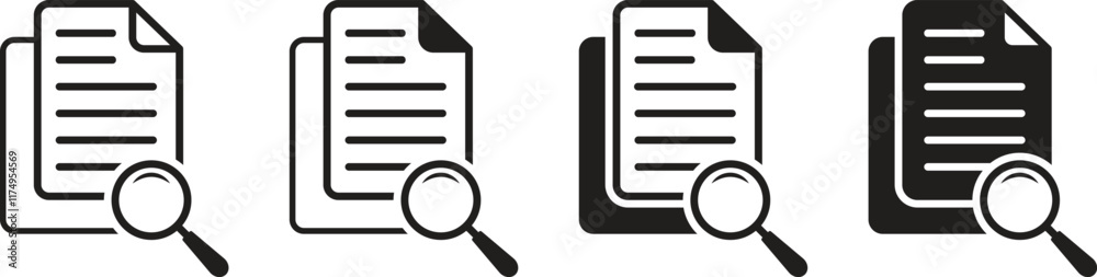 Research document, report, search icon set. Data analysis icon. Document icon with magnifying glass in different style. Vector illustration