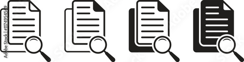Research document, report, search icon set. Data analysis icon. Document icon with magnifying glass in different style. Vector illustration