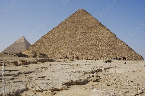 Two pyramids of Cheops and Chephren in African Giza city near Cairo in Egypt