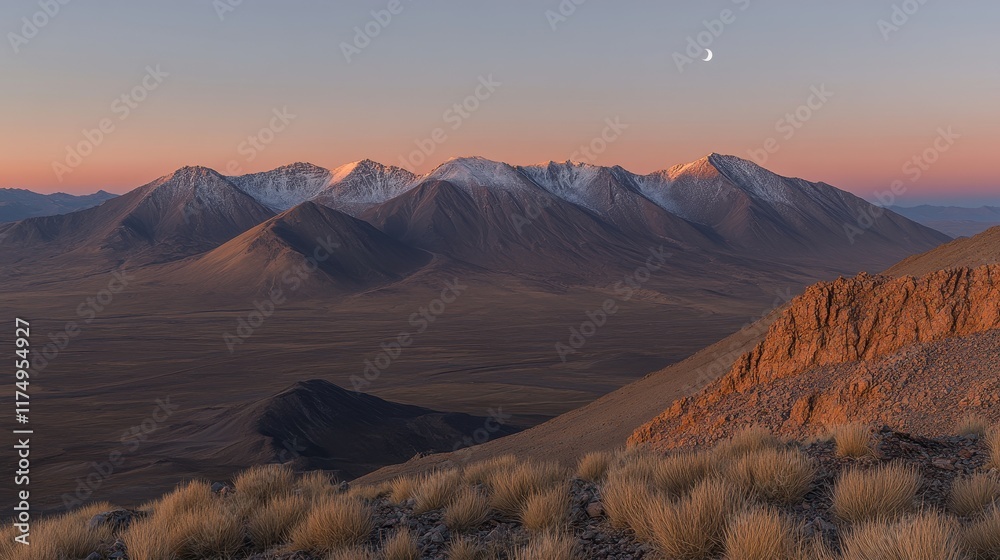Naklejka premium Snow-capped mountains rise against a dusky sky with a crescent moon. Tussock grass dots the foreground of this tranquil desert landscape.