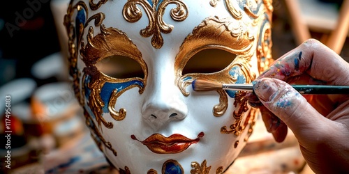 A beautifully crafted decorative mask with intricate gold and blue designs. This is an artistic piece showcasing creativity and skill. Ideal for art lovers and collectors. AI photo