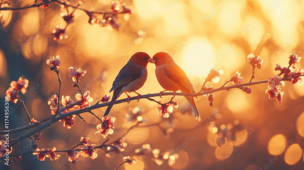 Two Red Birds Kissing on a Blooming Branch at Sunset Two Red Birds Kissing on a Blooming Branch at Sunset