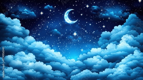 Dreamy night sky with crescent moon, stars, and fluffy clouds. Ideal for calming backgrounds, sleep apps, or children's illustrations.