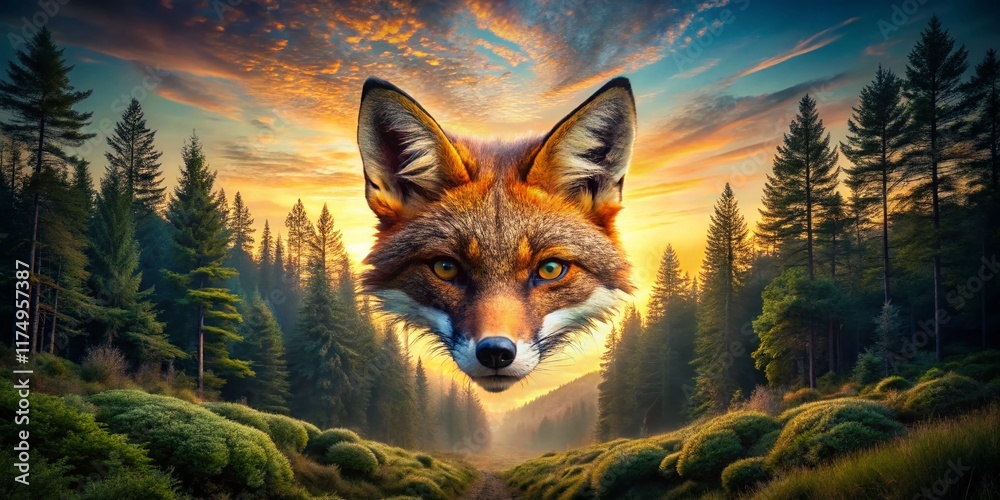 Fototapeta premium Mystical Fox Mask Double Exposure: Nature and Spirit Unite
