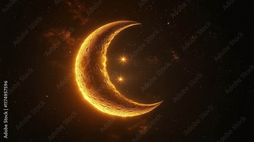 Fototapeta premium A glowing golden crescent moon against a starry night sky. Ideal for Ramadan, Eid, or other celestial-themed projects.
