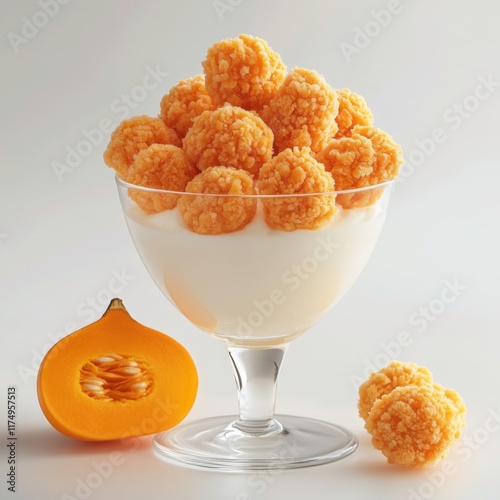 A Glass Cup of Creamy White Yogurt Topped with Vibrant Golden-Orange Freeze-Dried Beibei Pumpkin Balls, Creating a Visually Appealing Contrast photo