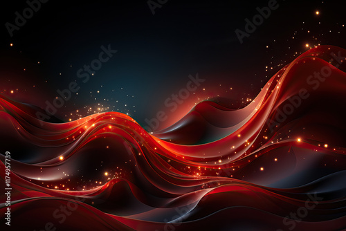 Flowing, abstract red waves interspersed with luminous particles create a dynamic and vibrant visual against a dark backdrop. The interplay of light and shadow adds depth and intrigue.