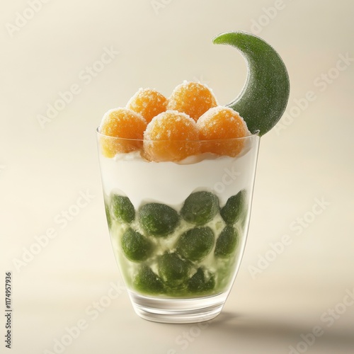 A Glass Cup of Creamy White Yogurt Topped with Vibrant Golden-Orange Freeze-Dried Beibei Pumpkin Balls, Creating a Visually Appealing Contrast photo