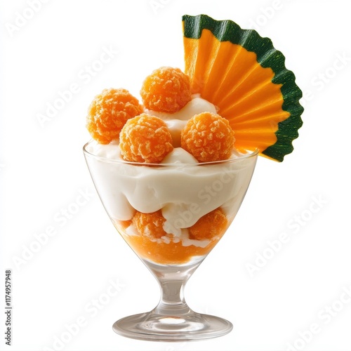  A Glass Cup of Creamy White Yogurt Topped with Vibrant Golden-Orange Freeze-Dried Beibei Pumpkin Balls, Creating a Visually Appealing Contrast photo