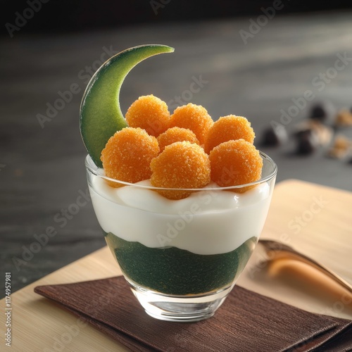  A Glass Cup of Creamy White Yogurt Topped with Vibrant Golden-Orange Freeze-Dried Beibei Pumpkin Balls, Creating a Visually Appealing Contrast photo