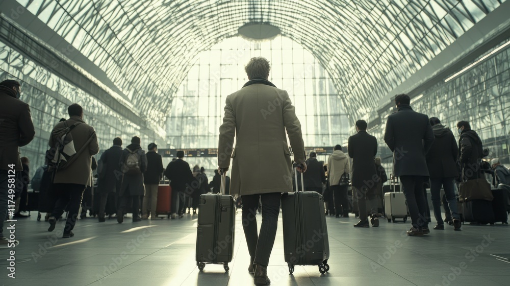 Traveler Walking Through Modern Airport with Luggage Traveler Walking Through Modern Airport with Luggage