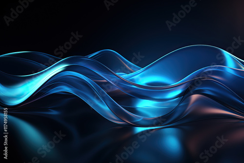 Flowing abstract blue waves with light reflections on a dark background create a dynamic and elegant visual.