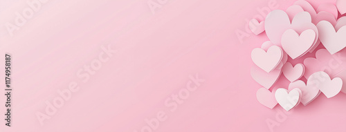 Valentine's Day Celebration Background, Paper Cut Clouds and Hearts Vector Illustration, Pink Banner with Heart Shape Decorations for Poster Template Design.
