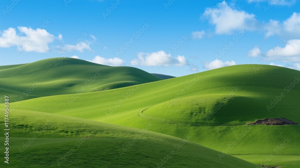 A serene landscape of rolling green hills under a clear blue sky, illuminated by soft natural light, evoking a peaceful and tranquil atmosphere. Perfectly photorealistic in 8k quality A serene landscape of rolling green hills under a clear blue sky, illuminated by soft natural light, evoking a peaceful and tranquil atmosphere. Perfectly photorealistic in 8k quality