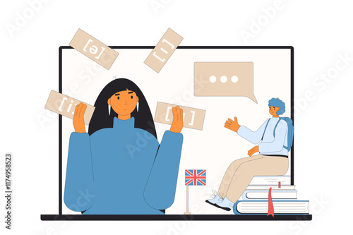 Learning english online. Teacher with adult student training pronunciation of foreign language for travelers isolated on white background. Vector outline flat illustration.