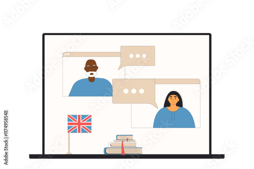 Learning uk english online school for adult. Practice and training pronunciation, and other skills of foreign language. Laptop with British flag isolated on white background. Vector flat illustration.