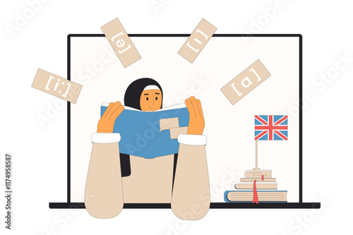 Learning english online. Woman reading a dictionary. Adult student practice pronunciation and reading skills of foreign language. Vector flat illustration.
