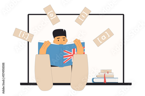 Learning english online. Man reading a book. Adult student practice pronunciation and reading skills of foreign language. Vector flat illustration.