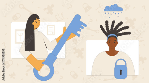 Teenager psychotherapy. Online counseling session with psychiatric. Stressed young woman talking with psychologists. Vector concept outline flat illustration.