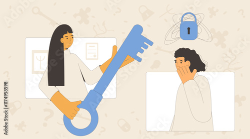 Bad feeling and grief psychotherapy. Online counseling session with psychiatric. Stressed character talking with psychologists. Key and lock mental health support metaphor. Vector illustration.