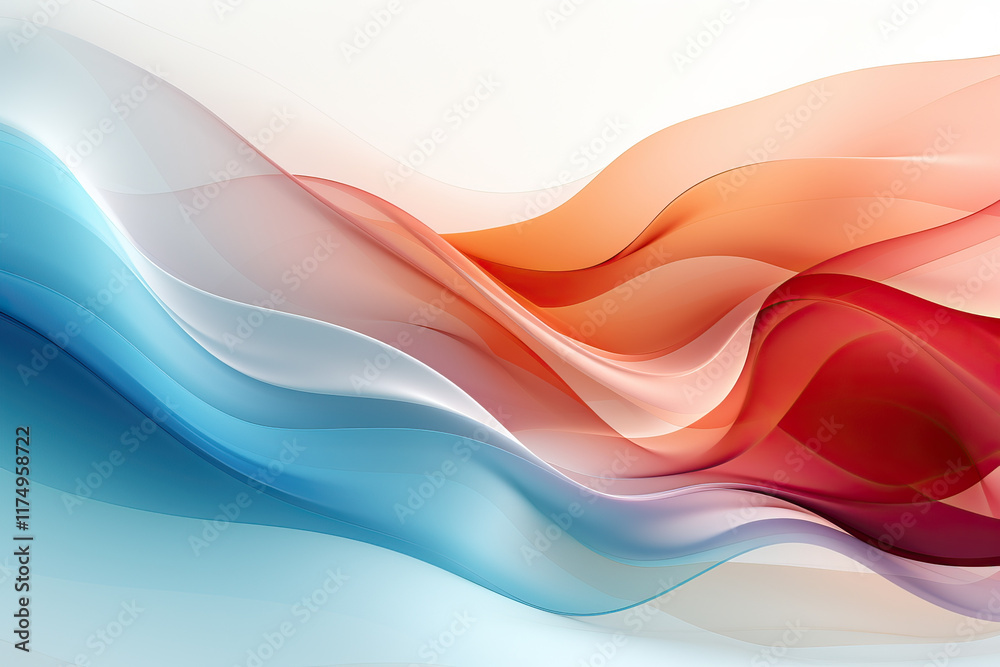 Fototapeta premium Dynamic, colorful abstract background with flowing, blended waves of blue, orange, and red. The smooth curves and gradients create a sense of movement and energy against a clean white backdrop.