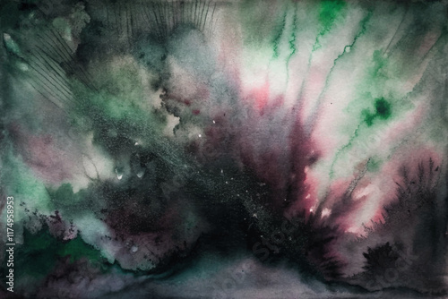 Abstract watercolor painting, vibrant green hues, dark splashes, artistic expression, textured background, modern decor.