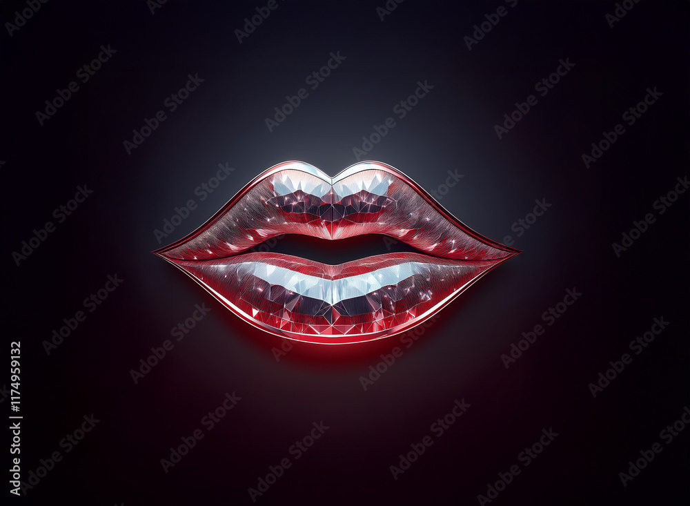 Close-up of metallic lips, glowing red at the edges against a dark background. The surface appears textured and reflective. Close-up of metallic lips, glowing red at the edges against a dark background. The surface appears textured and reflective.