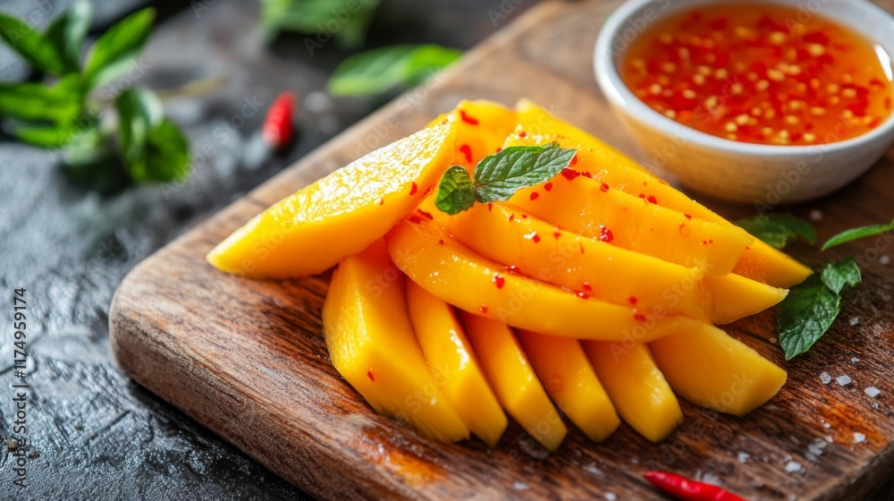 A close-up shot of thin mango slices placed on a wooden cutting board, next to a small bowl of sweet fish sauce, highlighting the fresh and sour flavors. A close-up shot of thin mango slices placed on a wooden cutting board, next to a small bowl of sweet fish sauce, highlighting the fresh and sour flavors.
