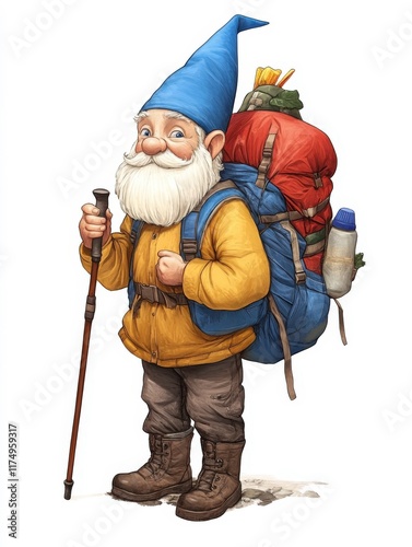 Cartoon Garden Gnome on a Hike in the Outdoors, Simple and Playful Illustration