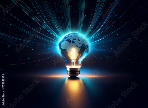 A glowing lightbulb reveals a radiant Earth, symbolizing global innovation and interconnectedness through bright energy streams.